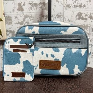 Wrangler Blue & White Cow Print Belt Bag with Matching Card Holder